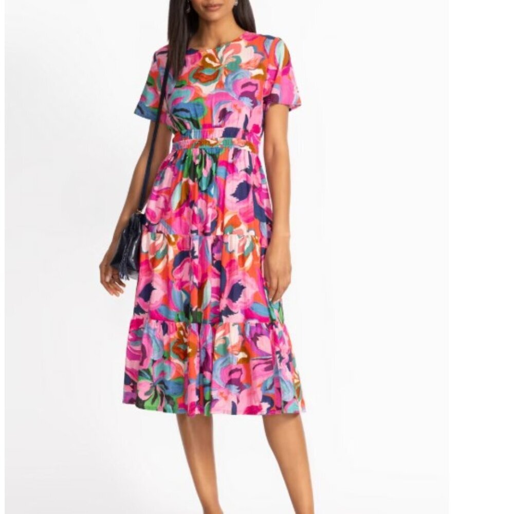 Johnny Was Multicolor Floral Cotton Smocked Tiered Midi Dress Size Xs Euc